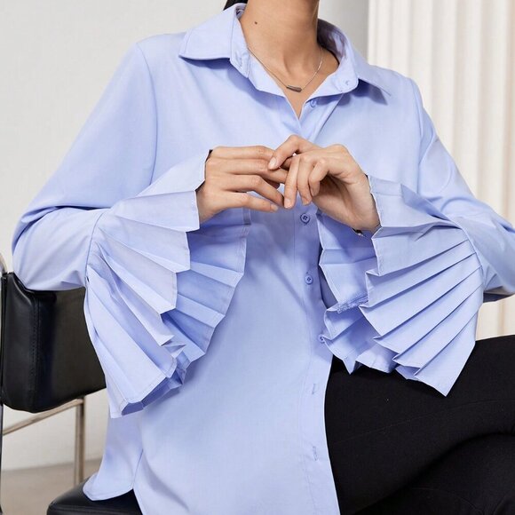 Tops - Blue Casual Women's Elegant Ruffled Cuff Shirt